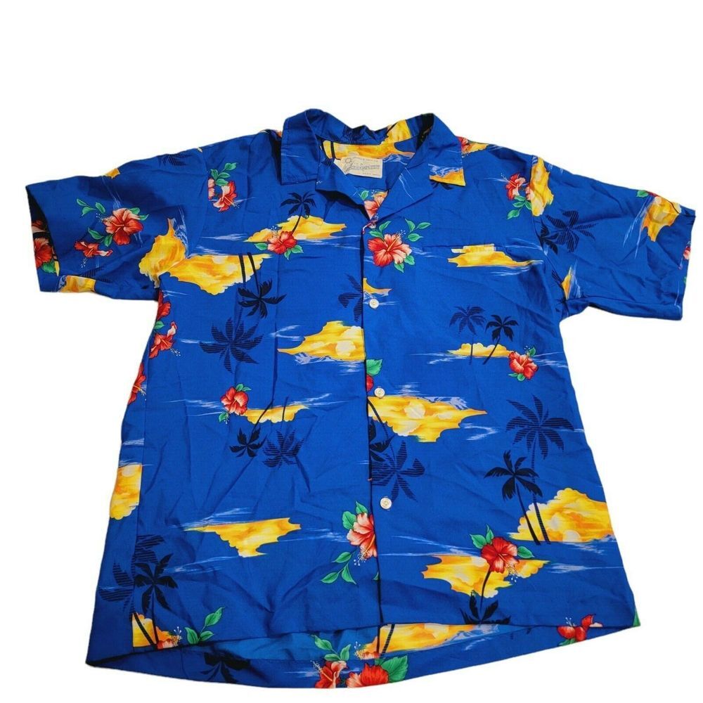 VTG Surfside Sportswear Men's Hawaiian Shirt Waikiki Flowers Ocean‎ Blue Large